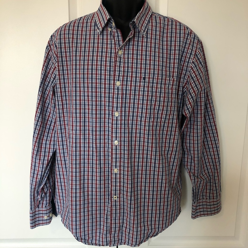 IZOD DRESS SHIRT Red White Blue Check Plaid XL EUC